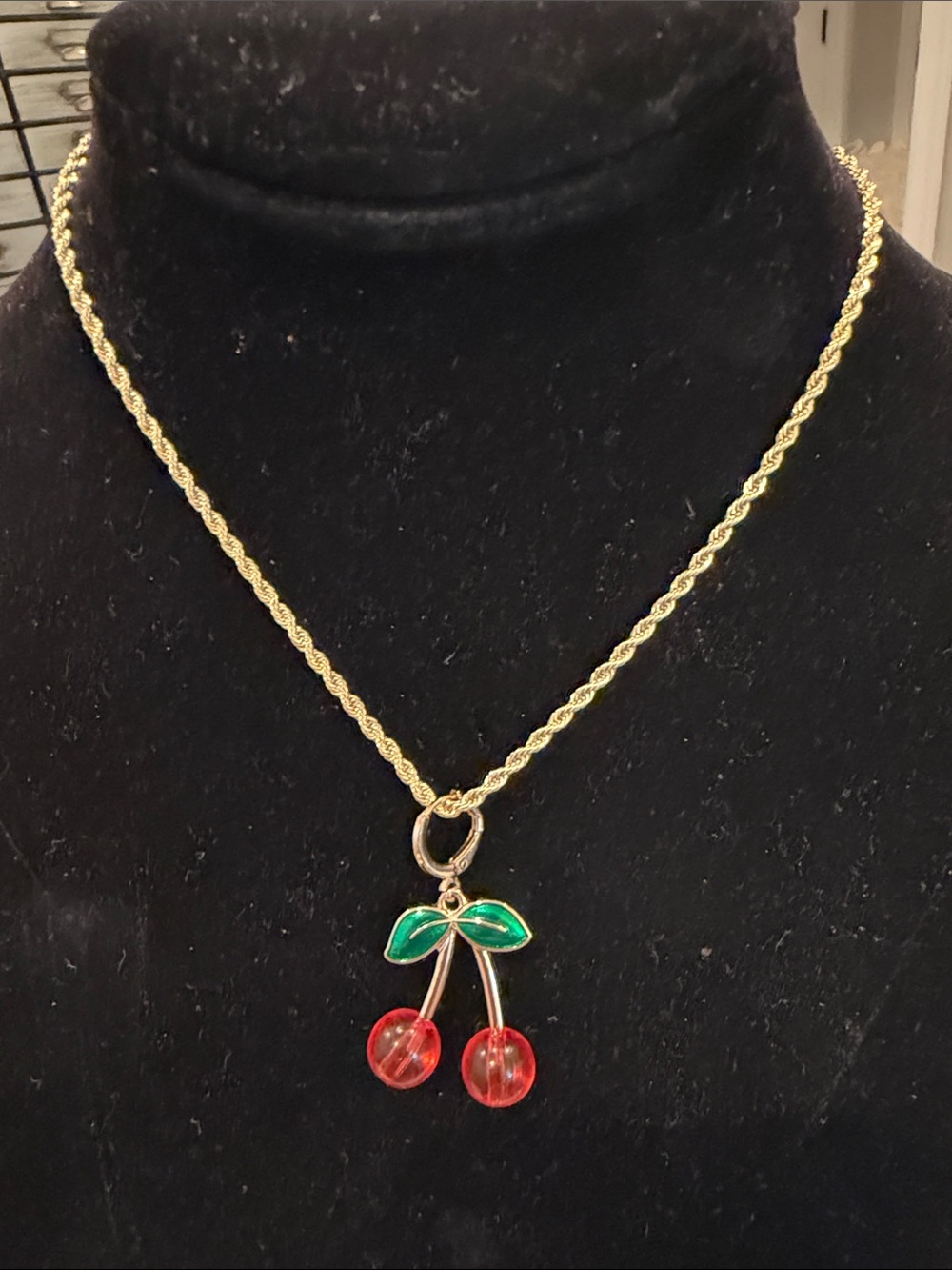 Gold-Tone Cherry Pendant Necklace with Green Leaves and Red Cherries